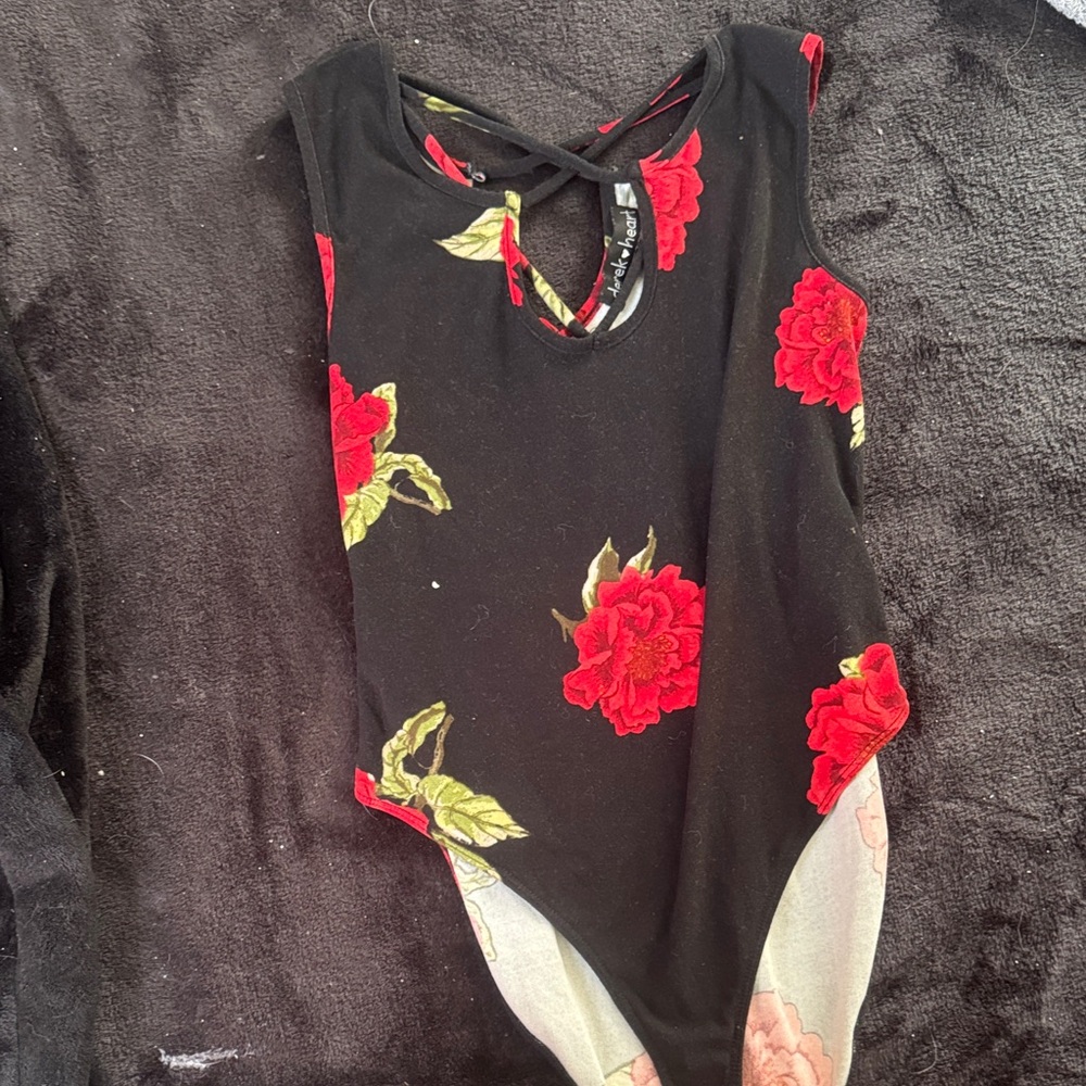 Derek Heart Black Bodysuit with Red Floral Design